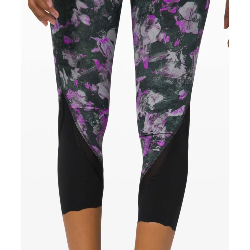 Lululemon Fast & Free Black & Purple Floral Print Athletic Leggings Women's Sz 2 - Picture 4 of 8